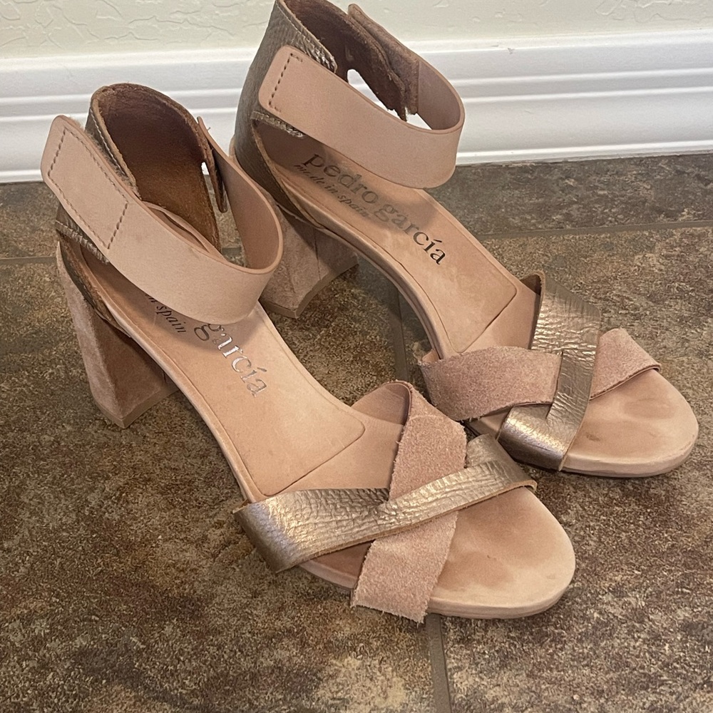 Pedro García Whimsy Metallic Leather & Suede Block Heel Sandals Size 41